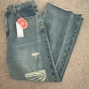 High Waist Ripped Straight Leg Jeans